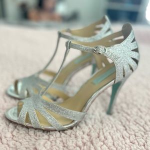 Betsey Johnson “blue” T-strap silver glitter heel